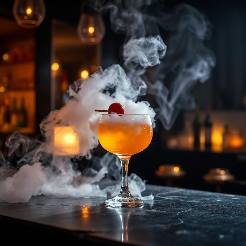Signature smoked cocktail on a dark stone bar top.