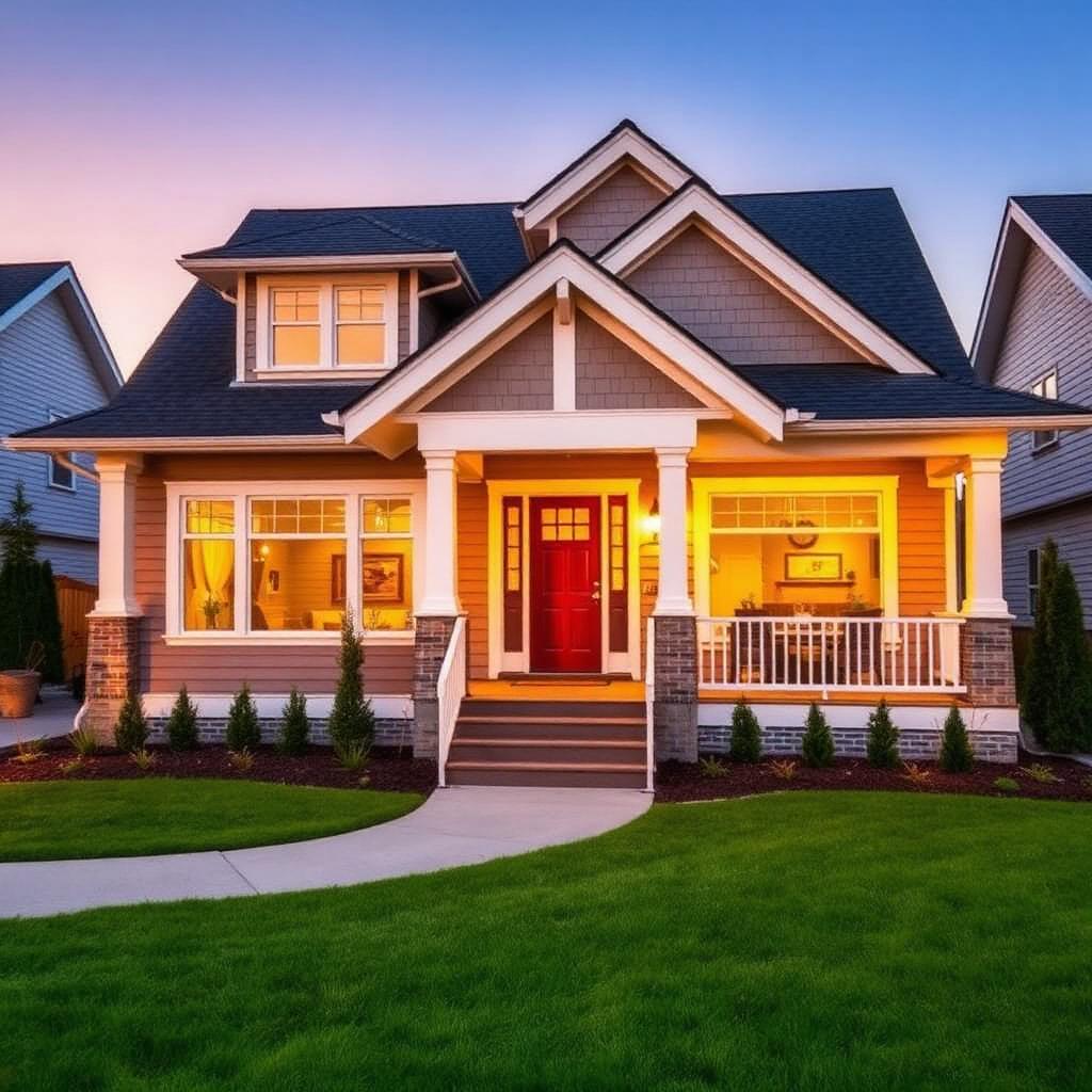 Craftsman-style Canadian home exterior at golden hour with front lawn and porch.