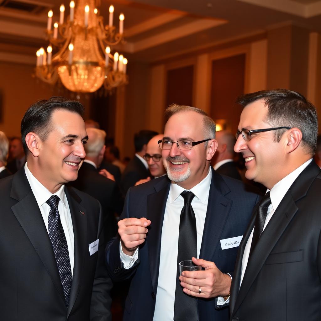 Former NHL players in suits at a charity gala event under warm chandelier light.