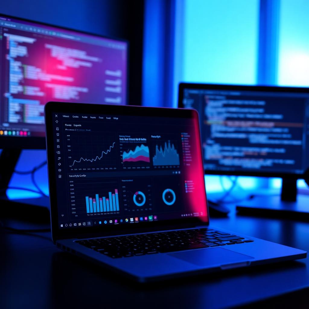 Laptop displaying a dark-mode security analytics dashboard on a developer's desk.