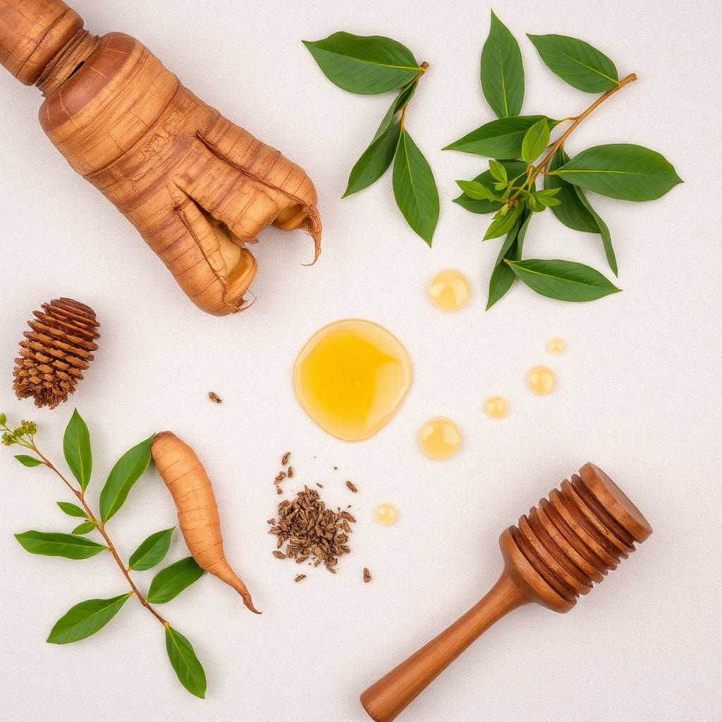 Fresh ginseng root, green tea leaves and honeycomb arranged on a light stone surface.