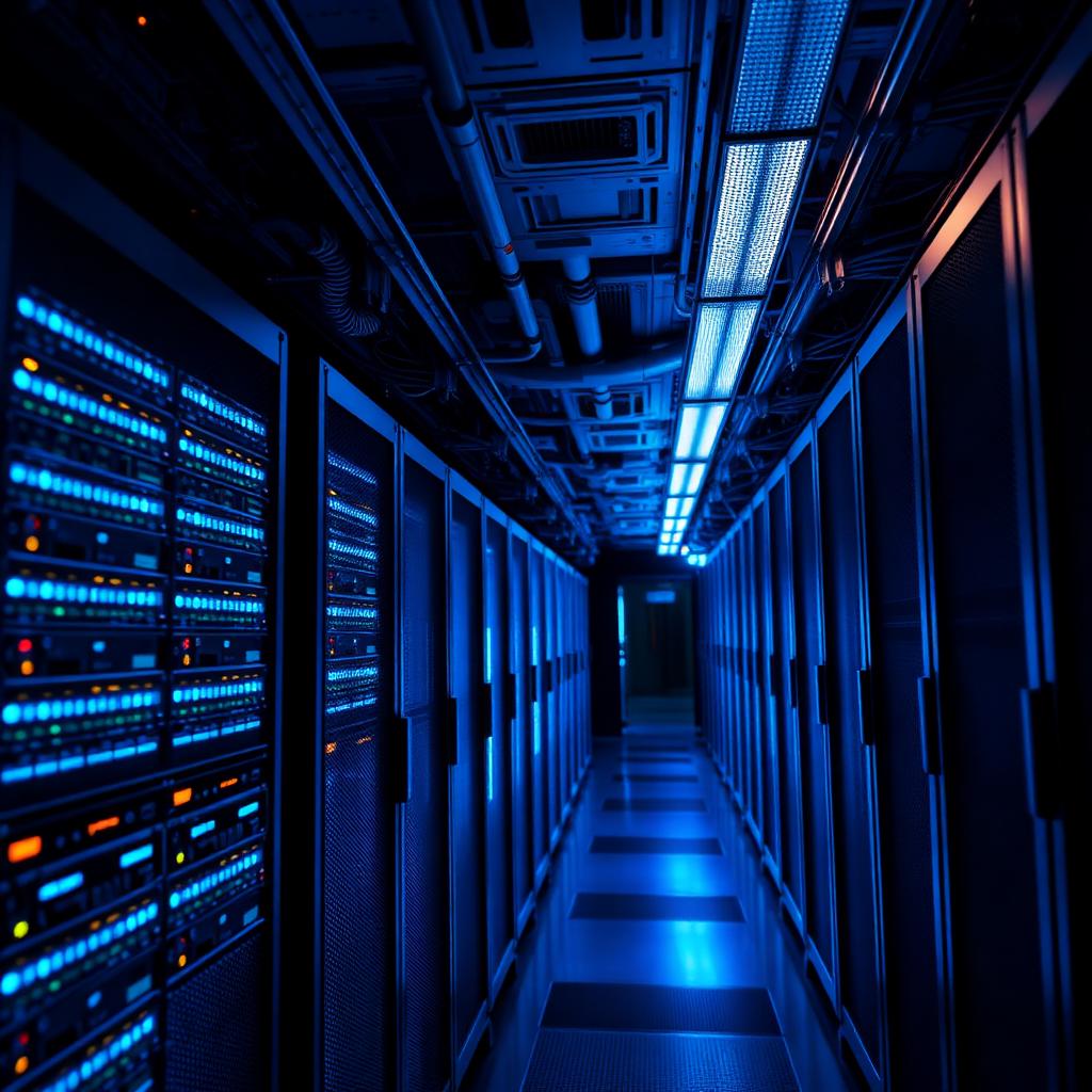 Server room with cool blue LED lighting and neatly organized network equipment.