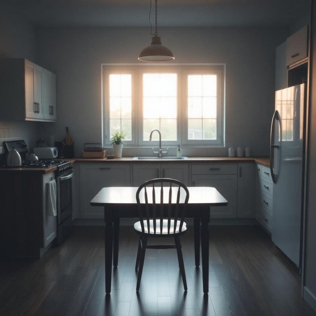 Modest empty family kitchen at dawn with a single chair at a wooden table.