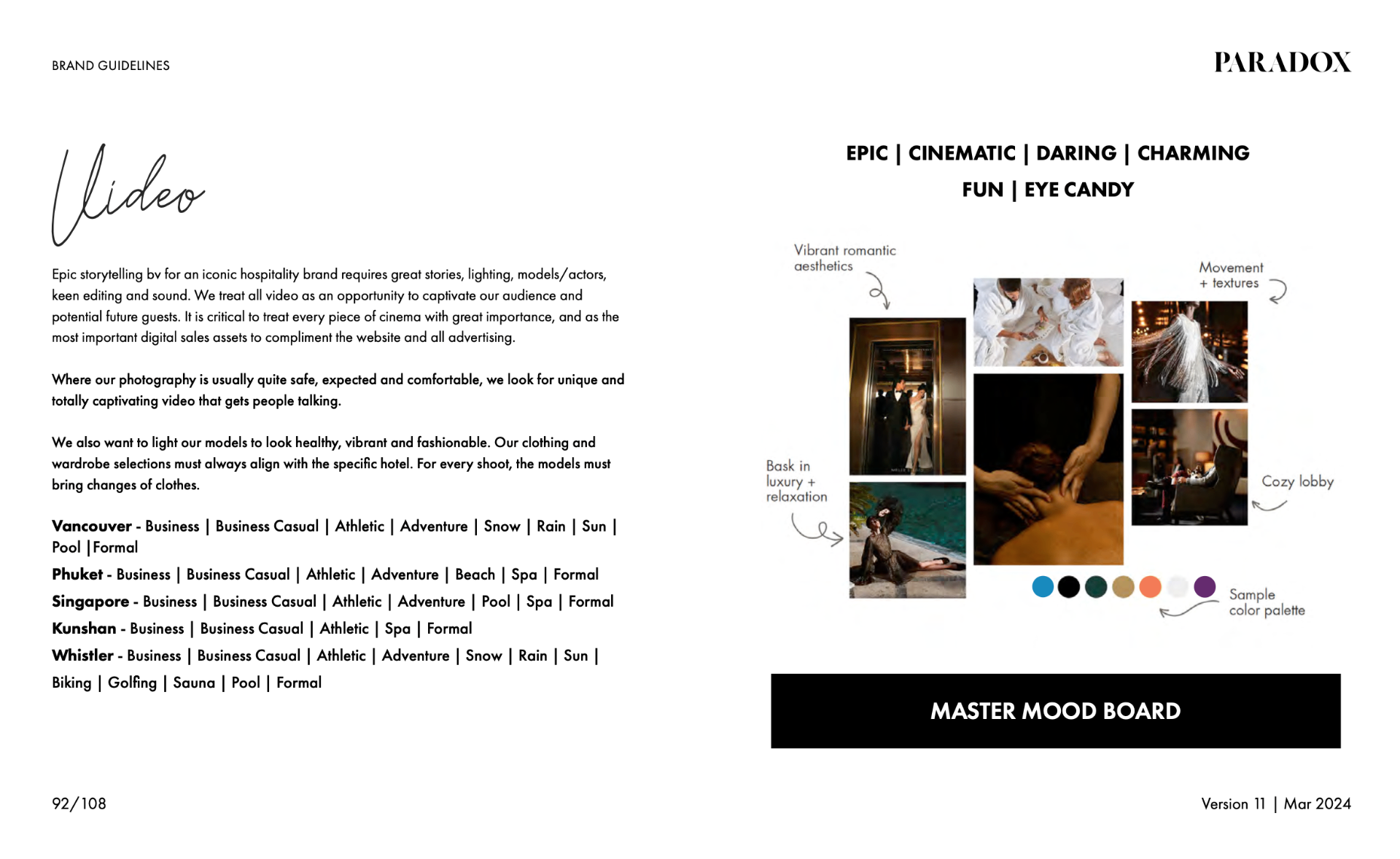 Paradox video guideline page showing cinematic direction and a master mood board.