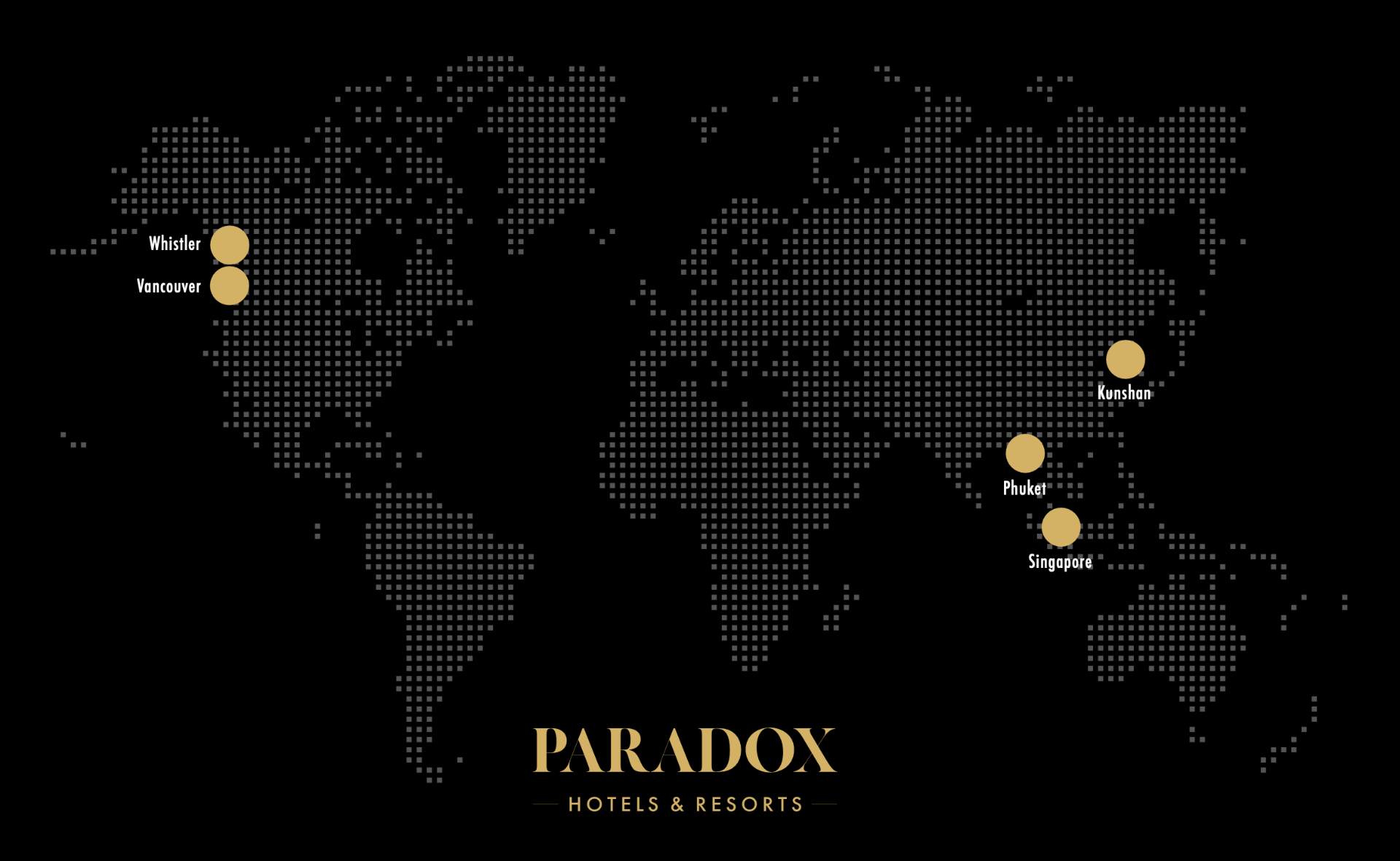 Paradox global footprint page showing map markers for Vancouver, Whistler, Phuket, Singapore, and Kunshan.