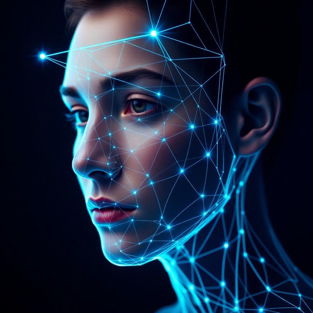 Facial recognition wireframe mesh overlaid on a person's face in glowing blue.