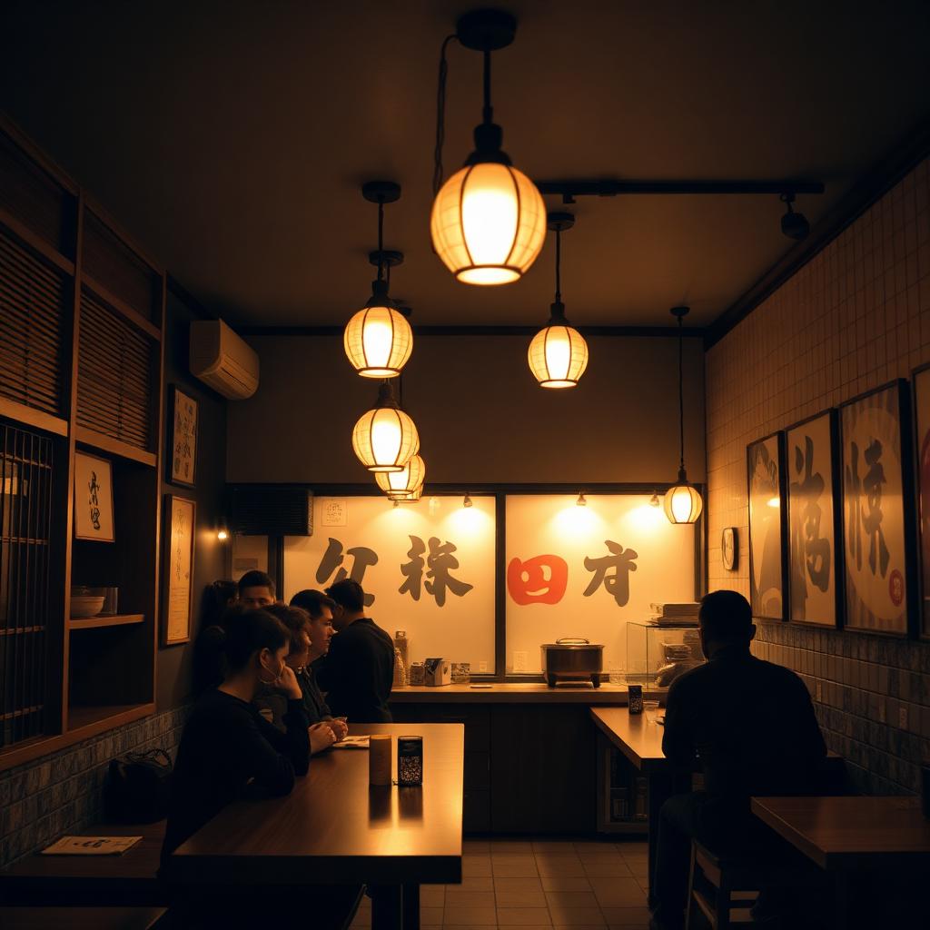 Warm, dimly lit interior of the Nikkei ramen restaurant with pendant lighting, wood counter, and guests seated.