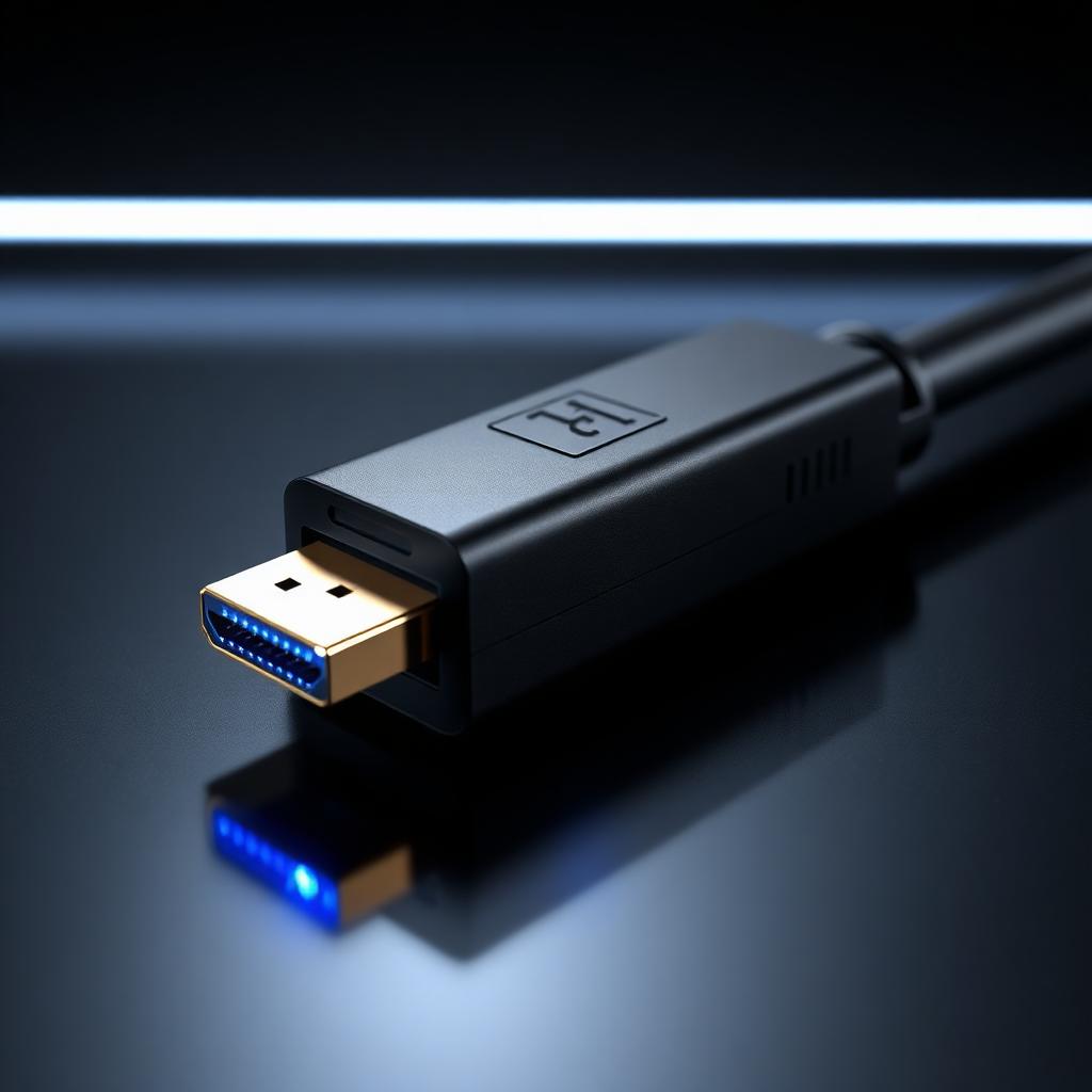 Matte black fiber-optic HDMI connector on a dark reflective surface with glowing blue fiber elements visible.