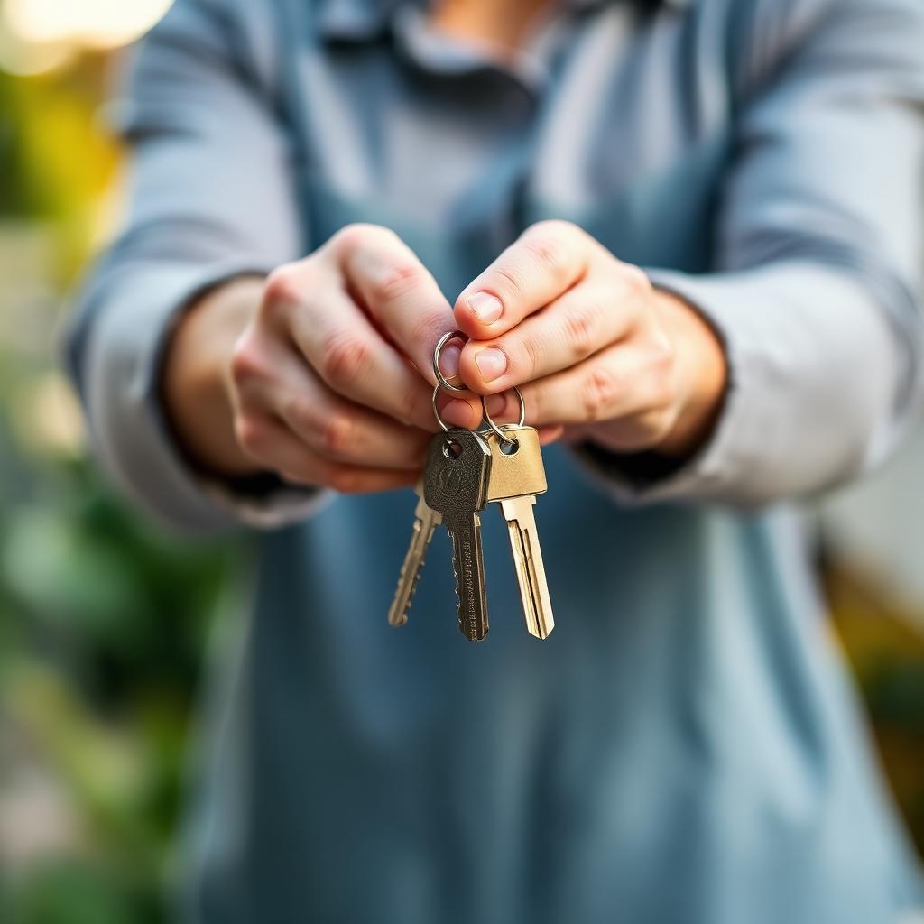 Close-up of house keys being handed from one hand to another.