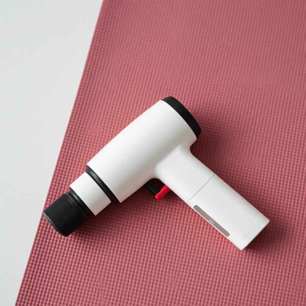Percussion massage gun on a textured yoga mat.