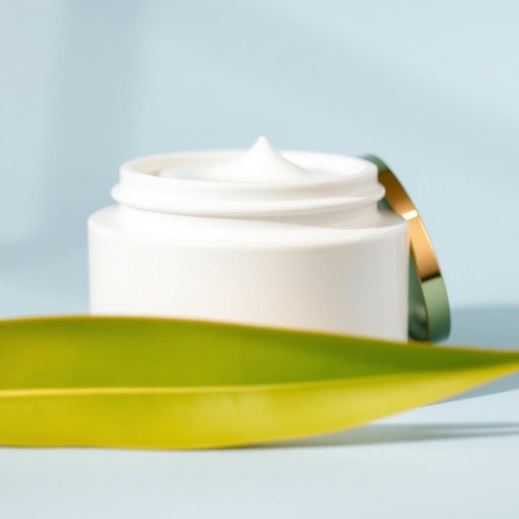 White ceramic cream jar with gold lid and soft botanical leaf shadow.