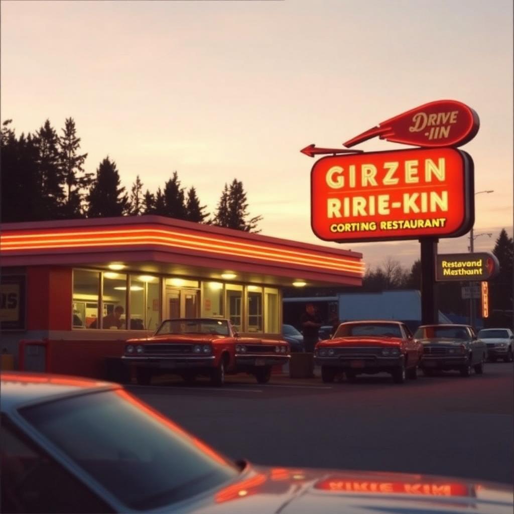 1970s A&W drive-in restaurant at dusk with retro orange signage and vintage cars.
