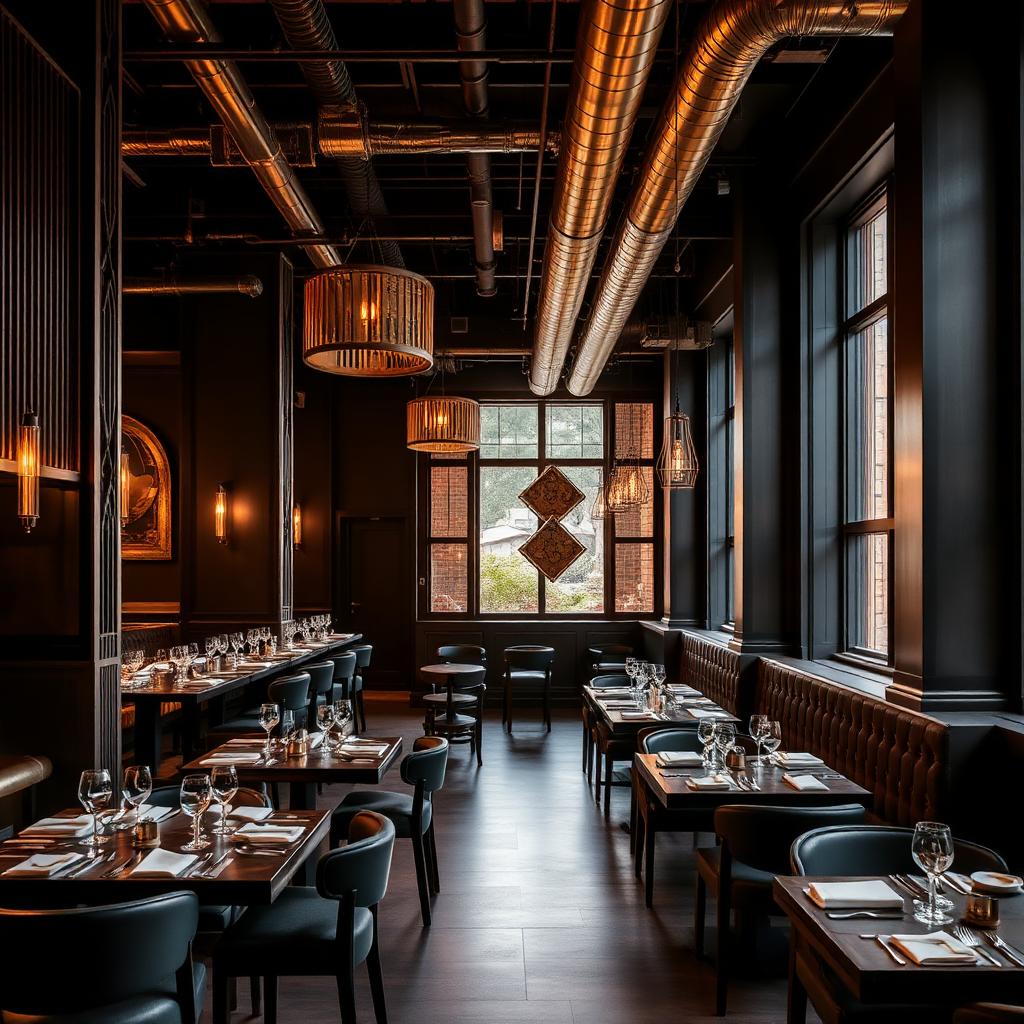 MOTT 32 dining room with dark timber, brass fixtures and industrial ceiling detail.