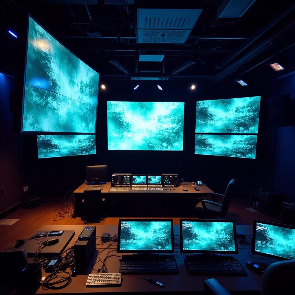 Broadcast control room with multiple large displays and blue ambient lighting, a target install environment.