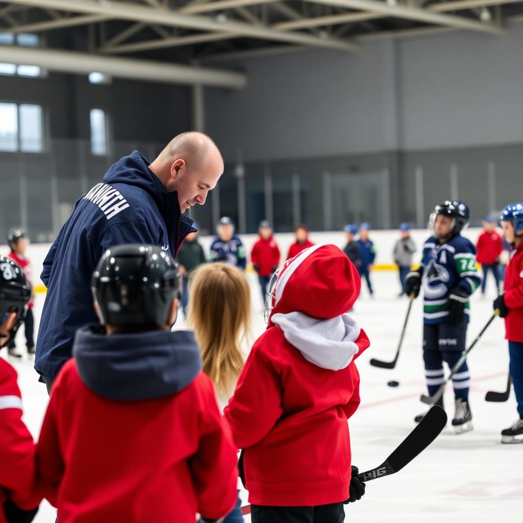 Youth hockey clinic with an alumni player coaching kids on the ice.