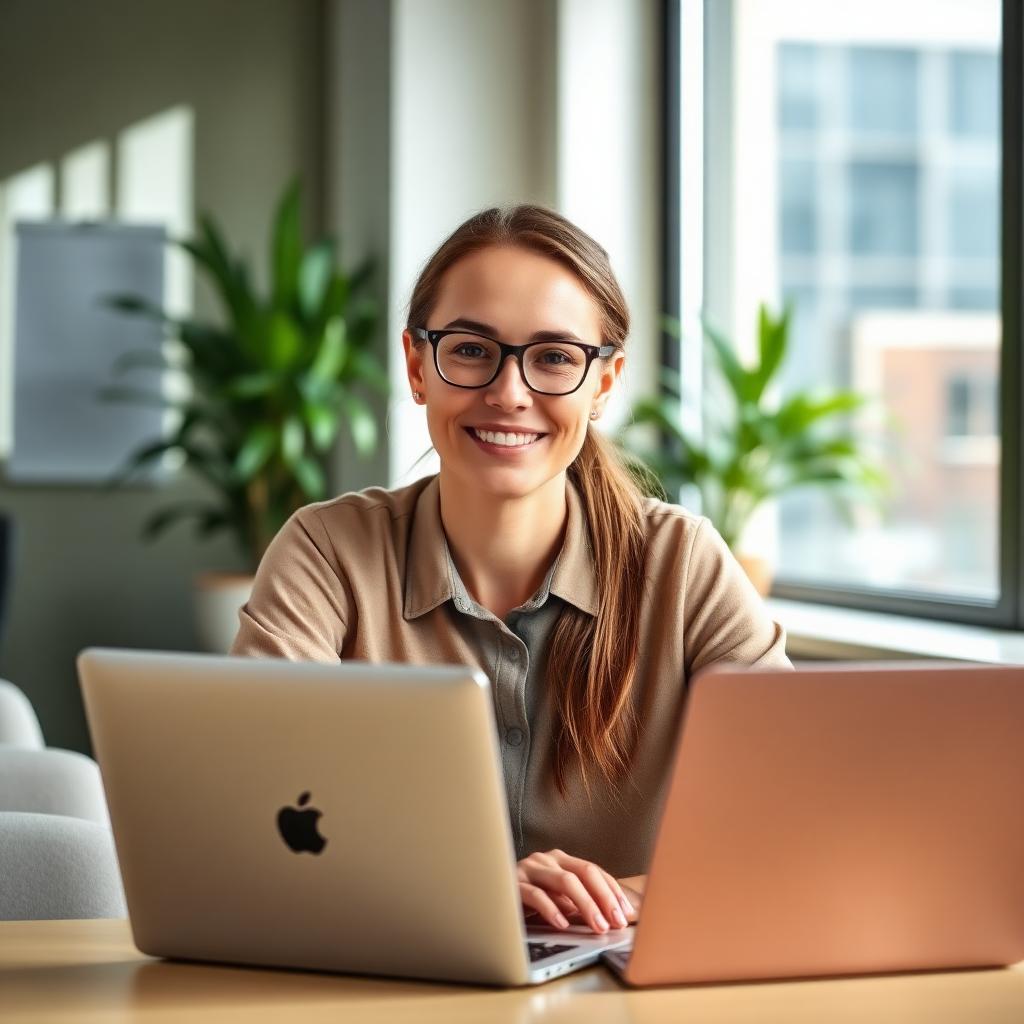 Portrait of a SIRKit team member at a laptop in a bright modern office.