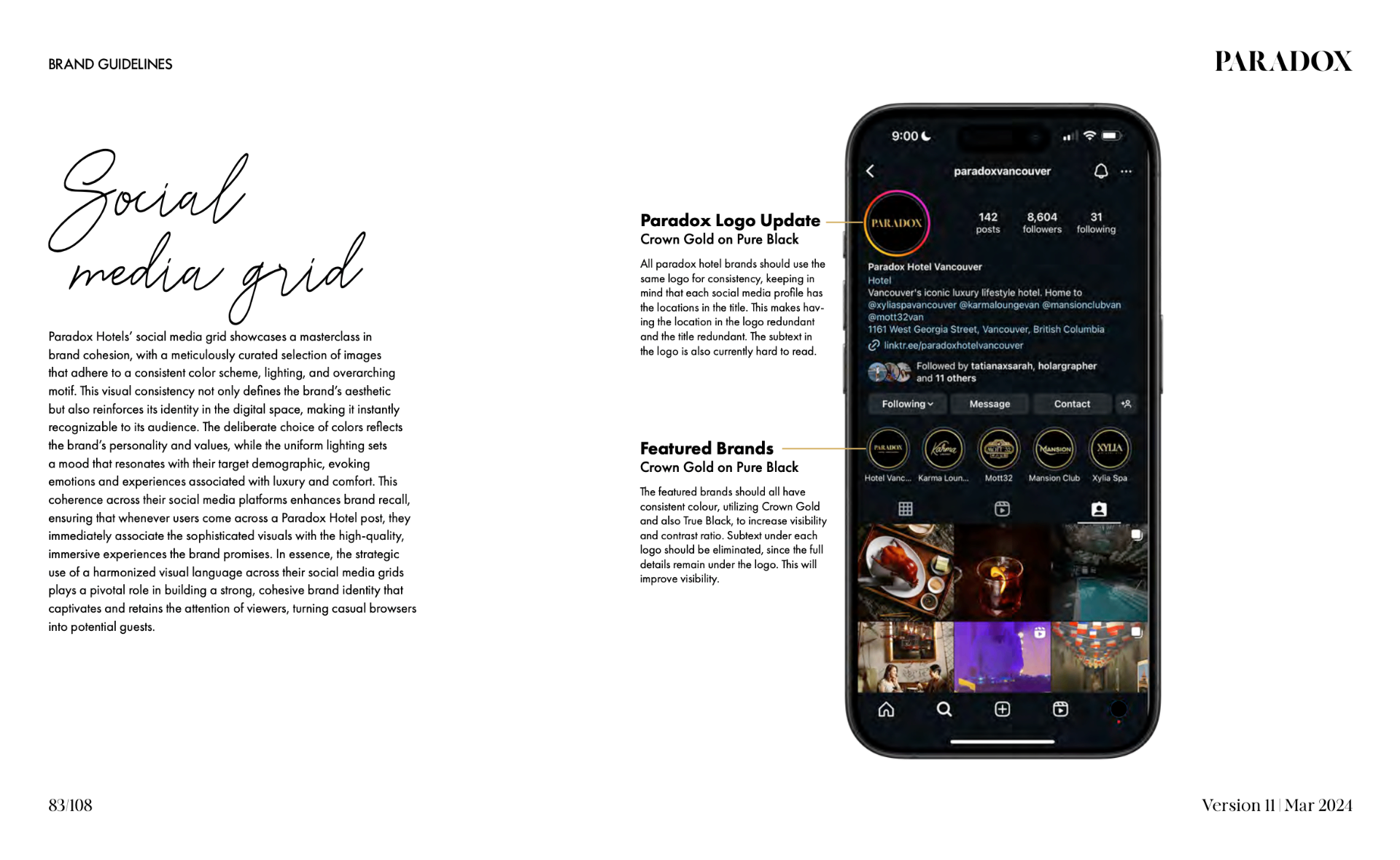 Paradox social media grid guideline page showing an Instagram profile mockup and brand recommendations.