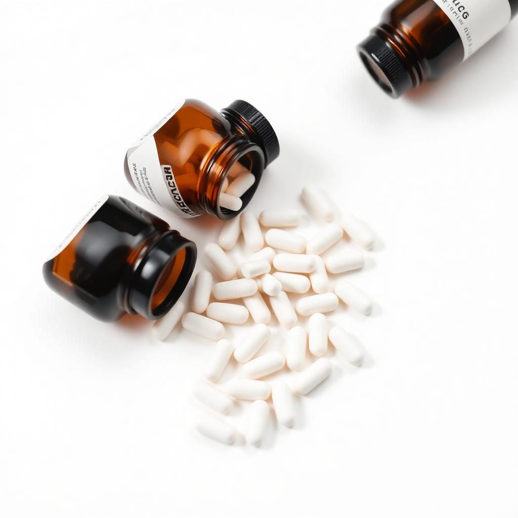 Recovery supplement bottles with capsules on a clean white surface.
