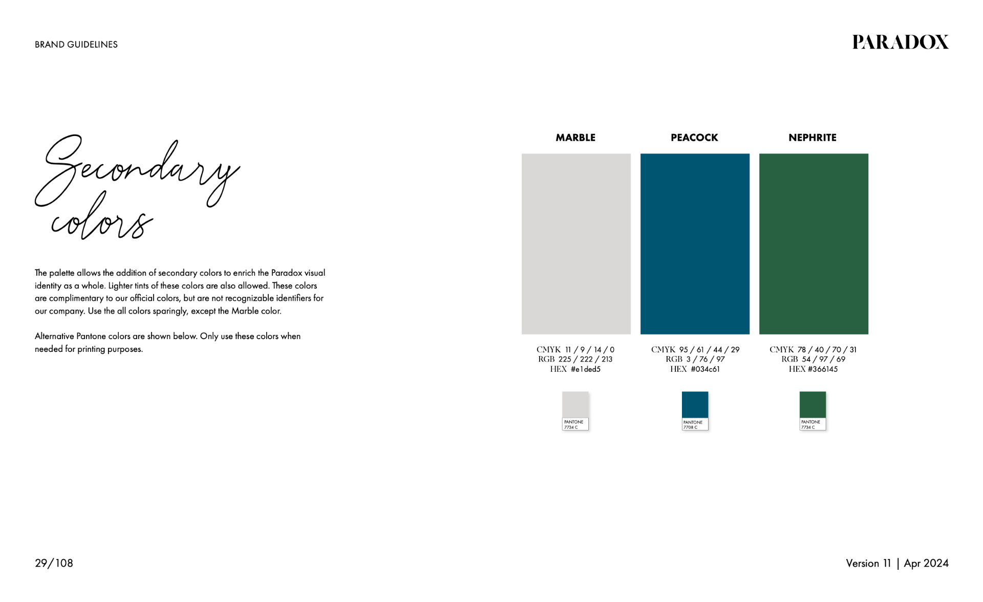 Paradox brand guideline page showing secondary colors: marble, peacock, and nephrite.