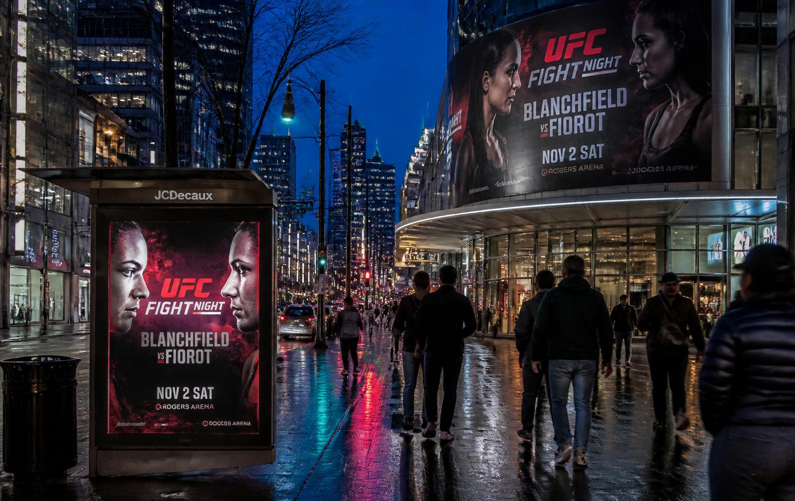 Downtown Vancouver at dusk with UFC Fight Night out-of-home advertising on transit shelters and a large building screen.