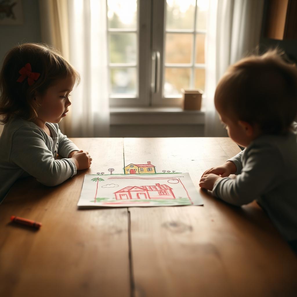 Child's crayon drawing of a family home on a wooden kitchen table, morning light.