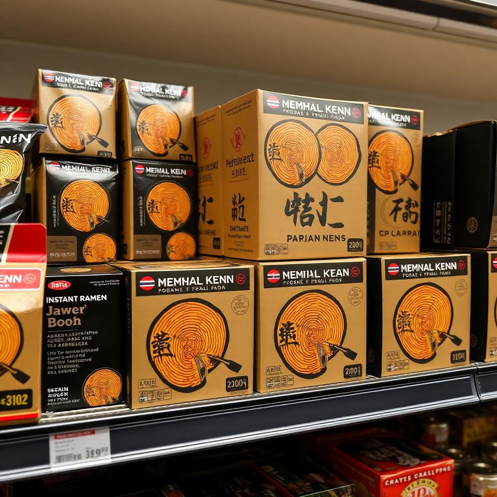Nikkei retail ramen packaging on a grocery shelf, kraft-and-black boxes with minimal branding.