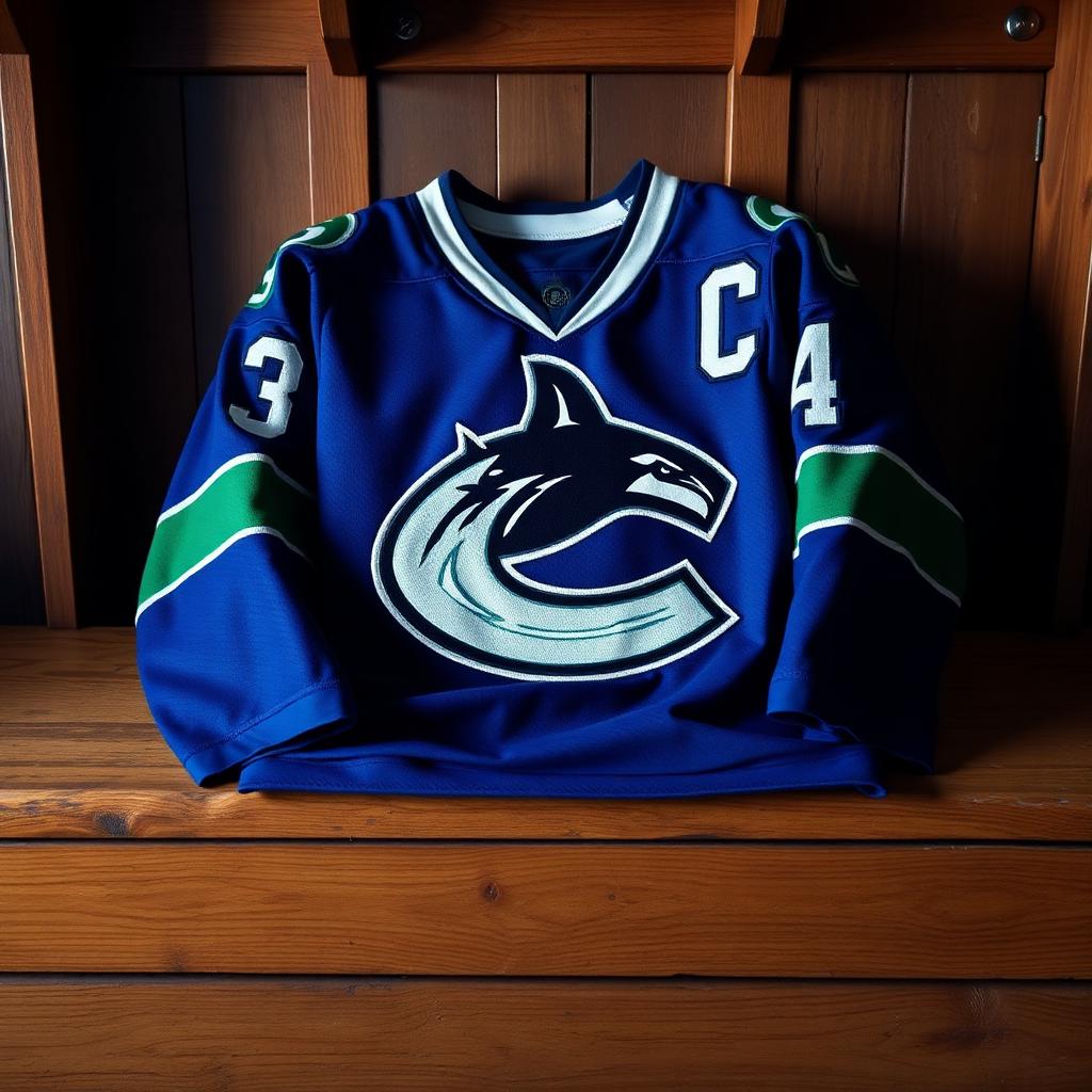 Vintage Vancouver Canucks jersey folded on a wood locker room bench.