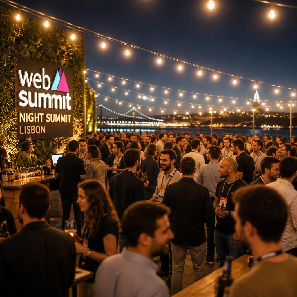 Web Summit Night Summit party in Lisbon with founders and investors networking under string lights on a riverside terrace.