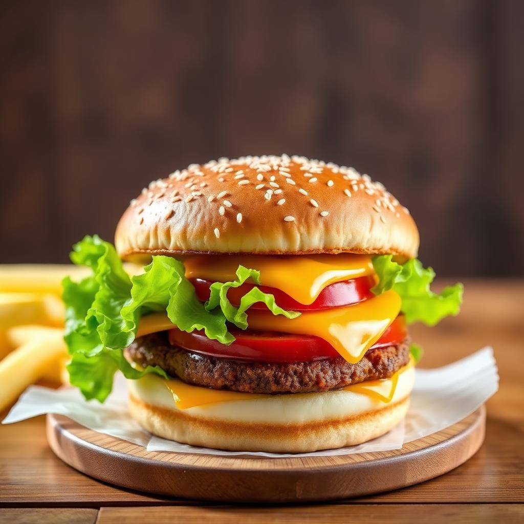 A&W-style Teen Burger with sesame bun, melted cheese, lettuce and tomato on a wood table.