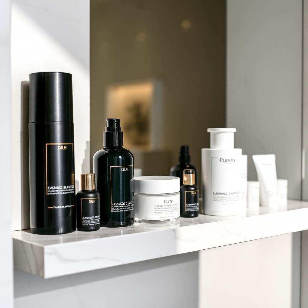 Full Racinne skincare product line arranged on a minimal white marble shelf.