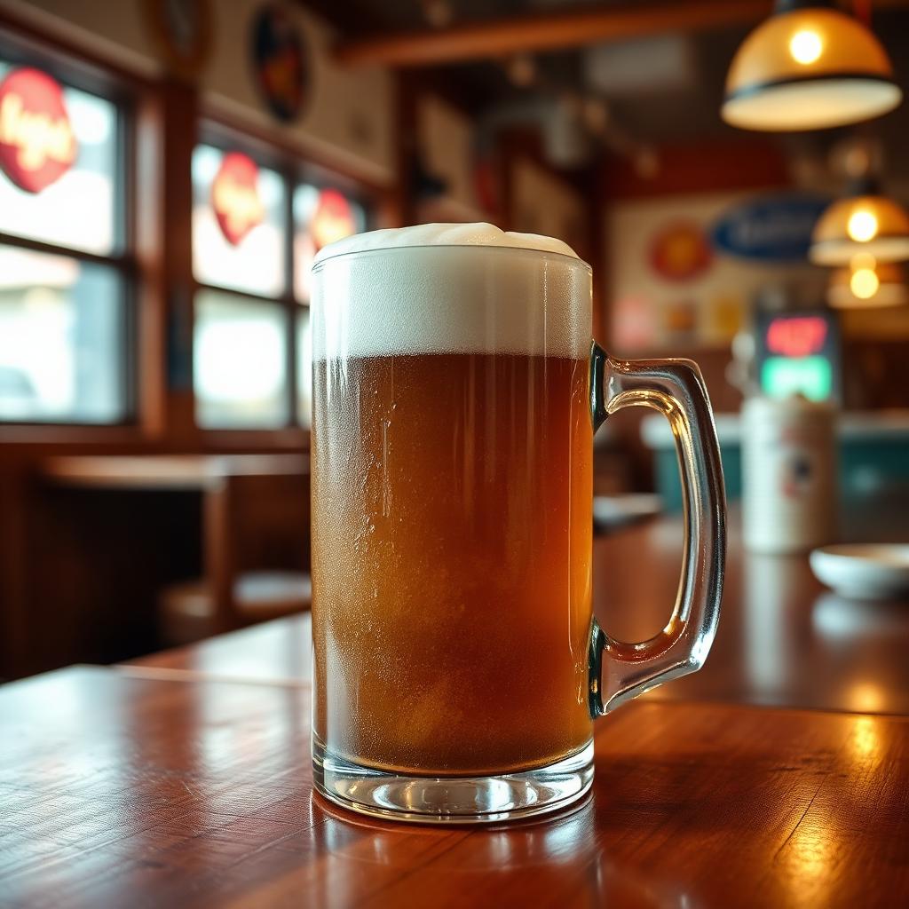 Frosted mug of A&W root beer with thick foam on a diner counter.