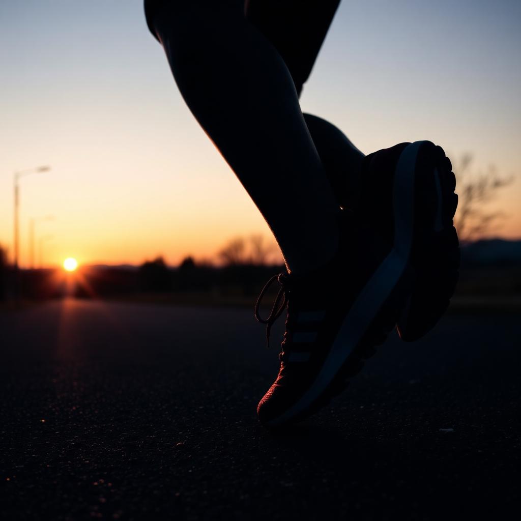 Runner tying shoes at sunrise on an empty road, silhouette.