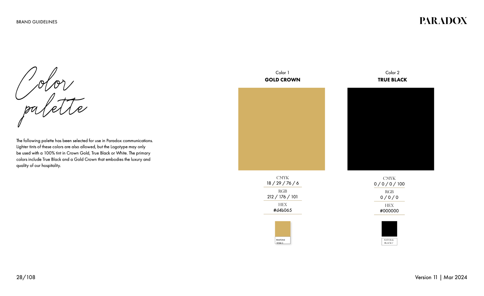 Paradox brand guideline page showing the gold crown and true black primary color palette.