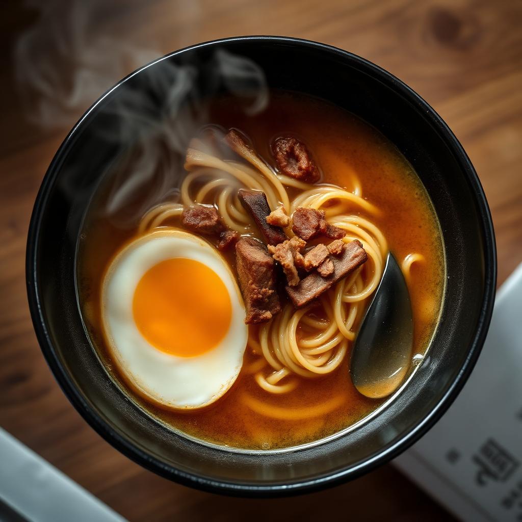 Overhead photograph of a steaming bowl of Nikkei ramen with aji-amarillo-tinted broth, braised pork, and a soft egg.