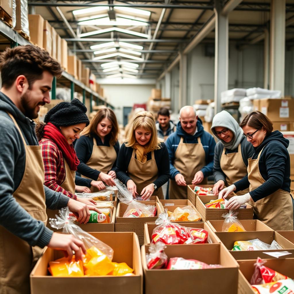 Diverse group of volunteers packing food hampers in a community warehouse.