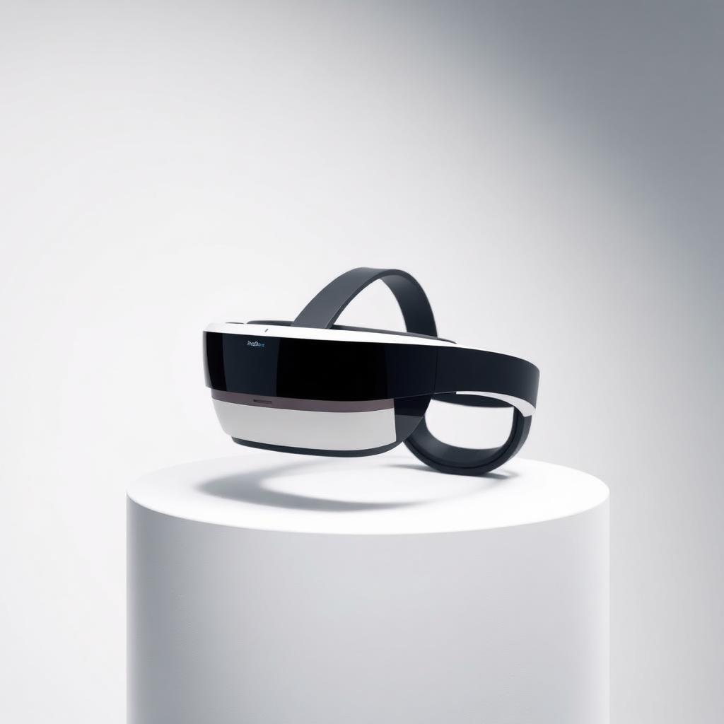 Microsoft HoloLens 2-style mixed reality headset on a minimal white pedestal.