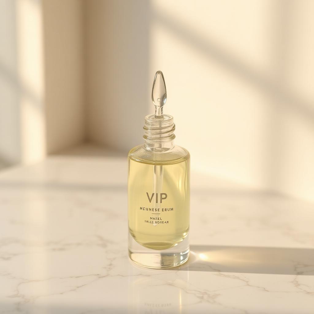Elegant glass serum bottle with dropper on marble surface in soft natural light.