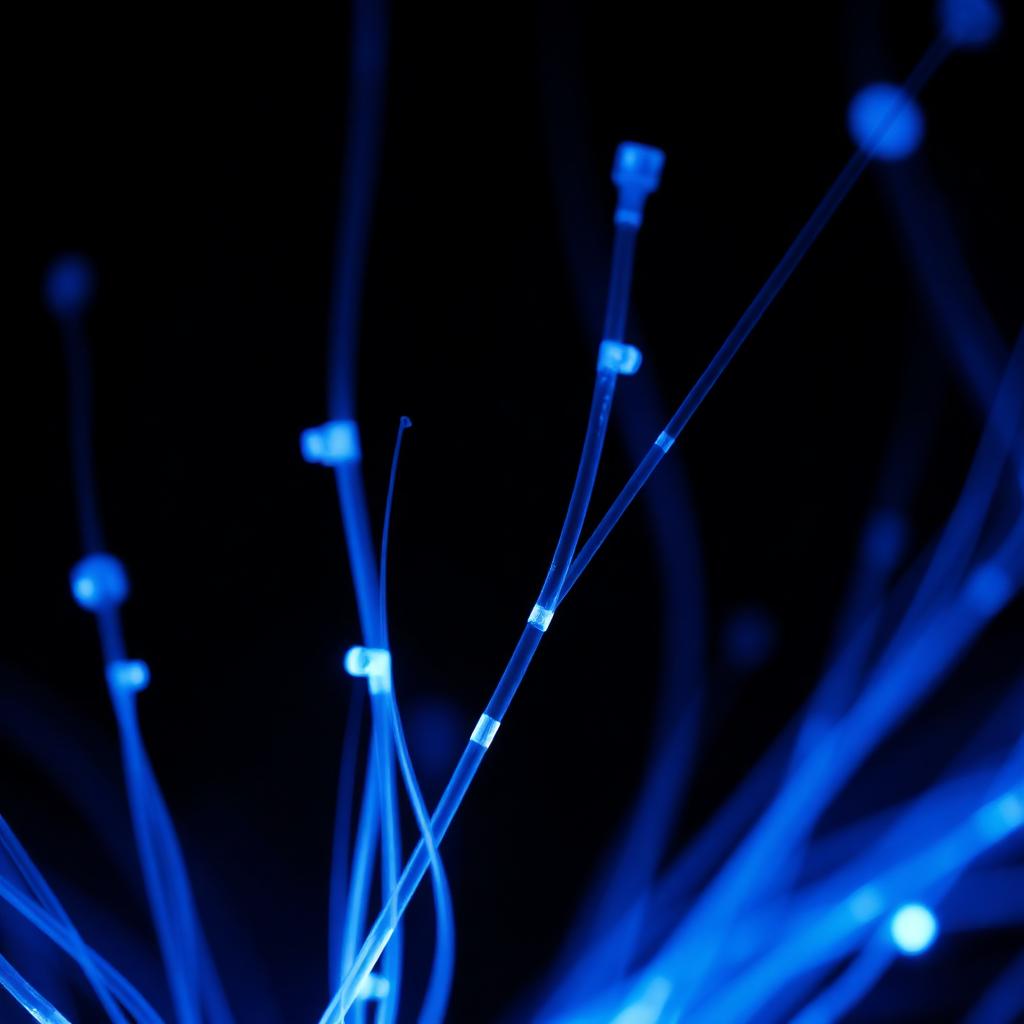 Macro photograph of glowing blue fiber-optic strands against a black background.