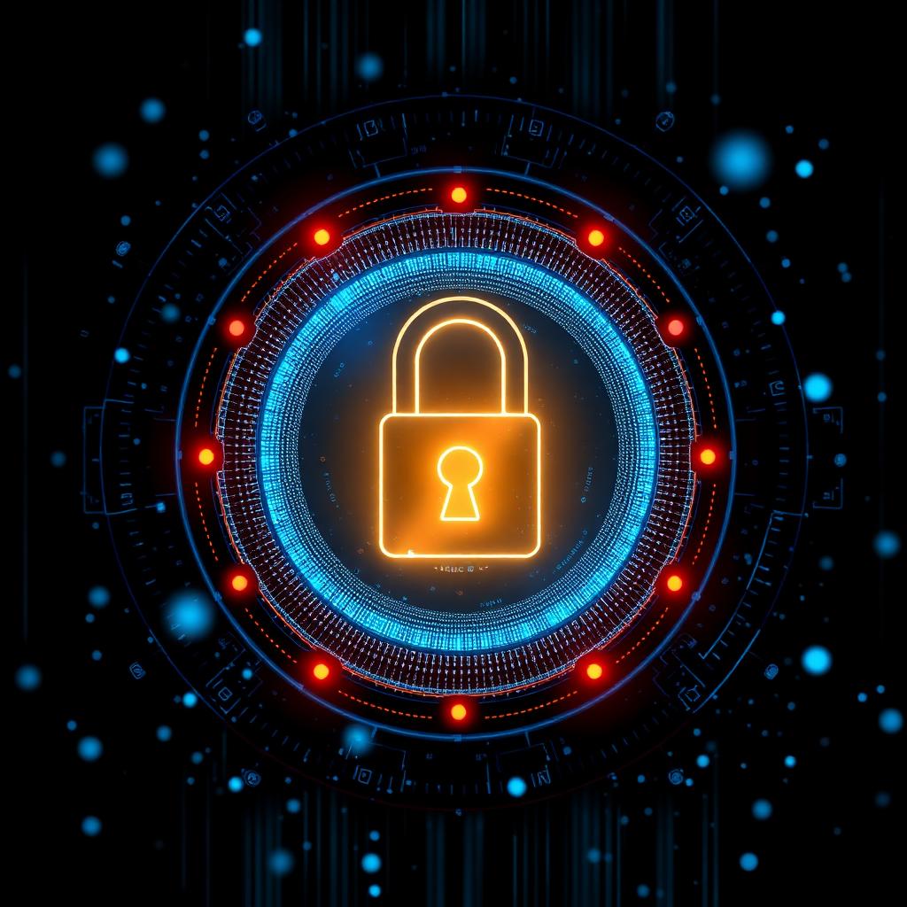 Abstract encrypted data vault visualization with glowing padlock and particles.