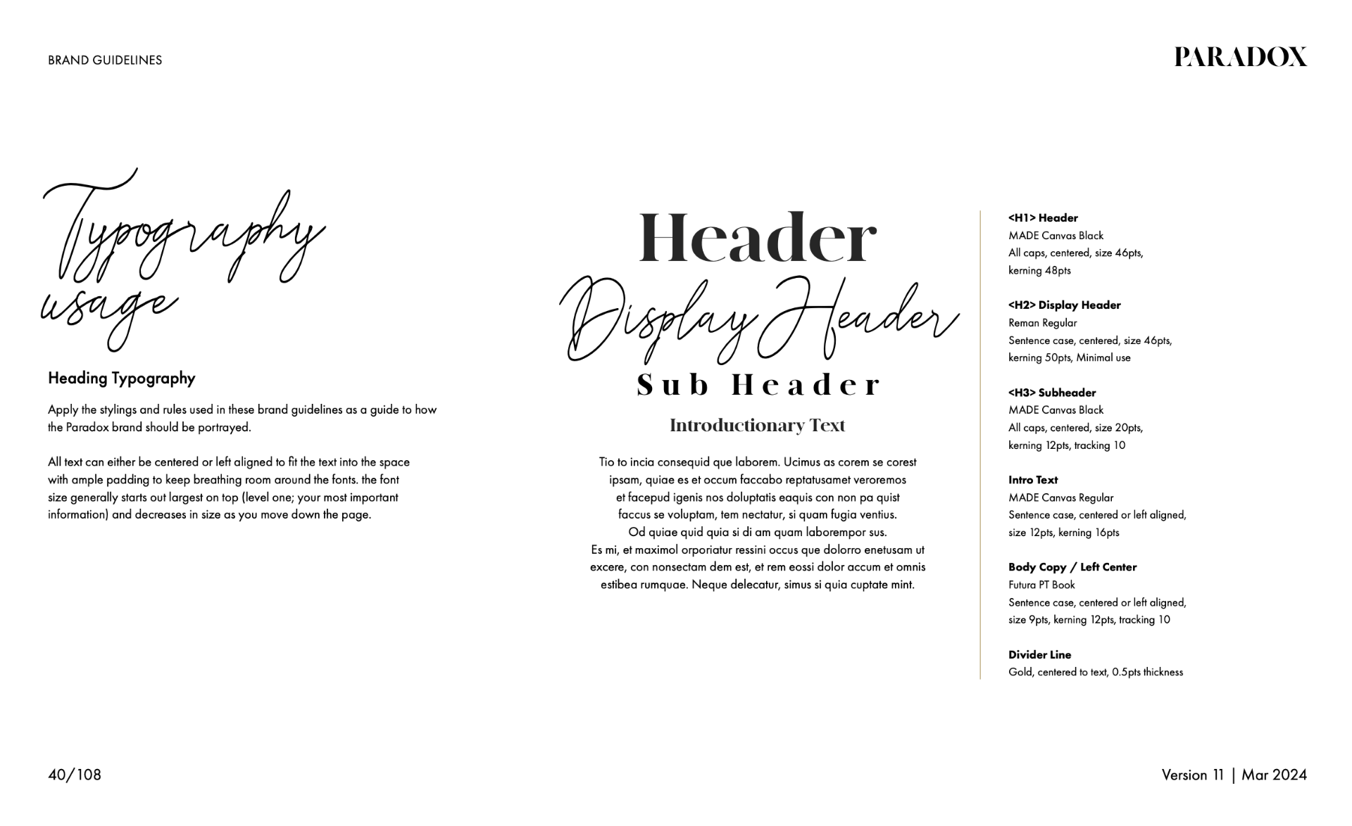 Paradox typography guideline page with heading, display header, sub header, and introductory text examples.