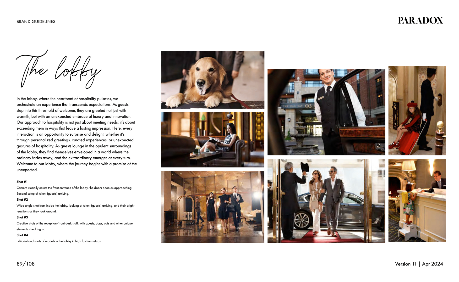 Paradox lobby guideline page showing a hospitality storyboard with guest arrival and lobby service imagery.