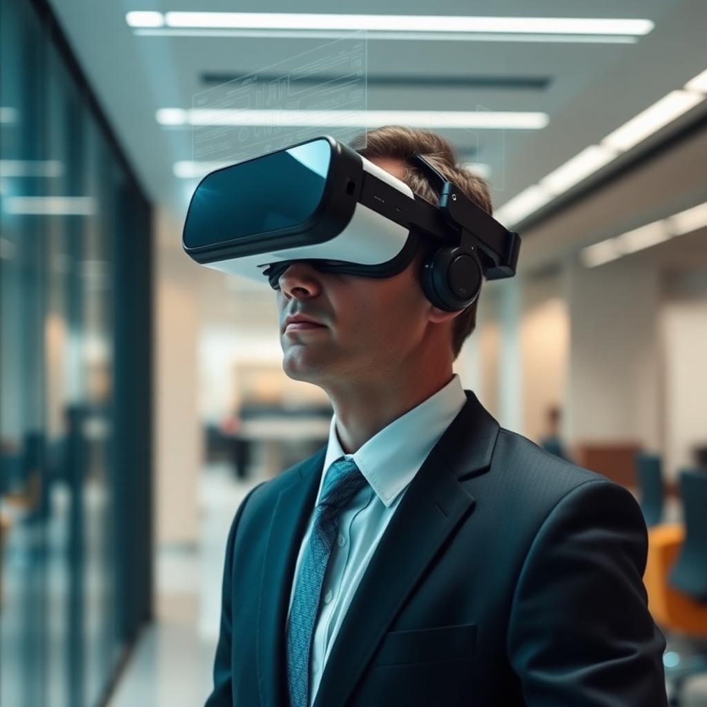 Professional in a suit wearing a HoloLens headset in a modern office with holographic overlays.