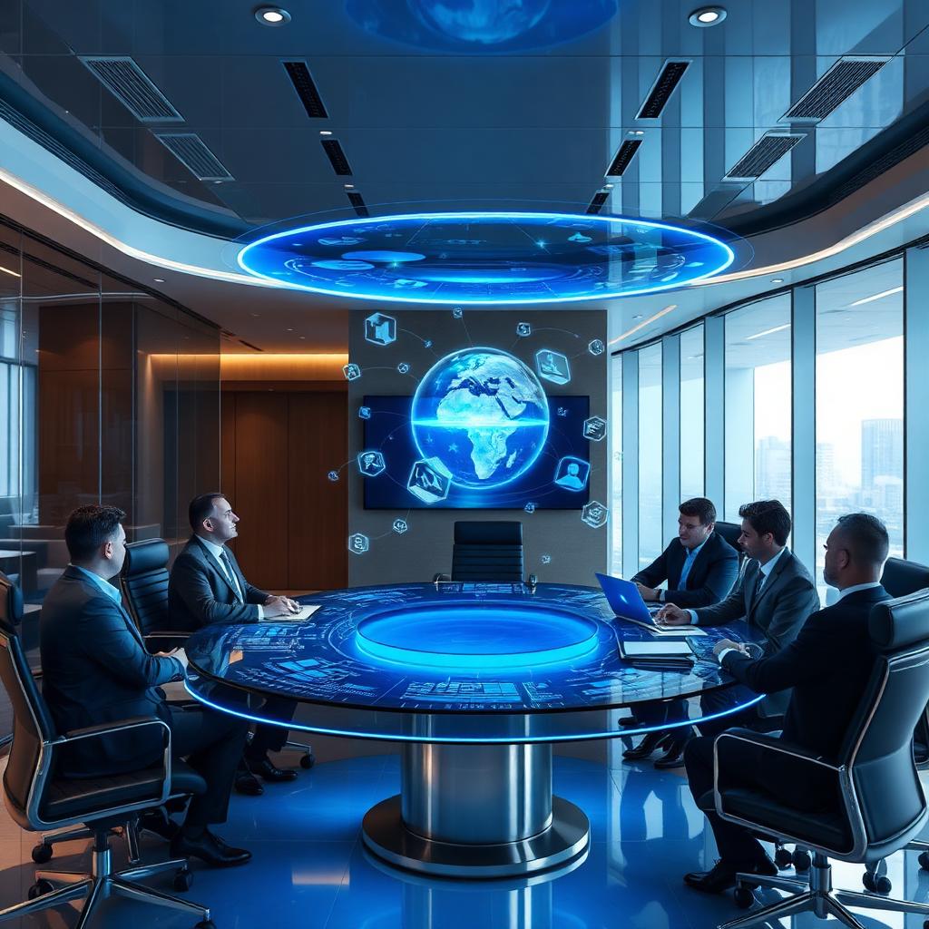 Executives in a glass boardroom experiencing 3D holograms floating above the conference table.