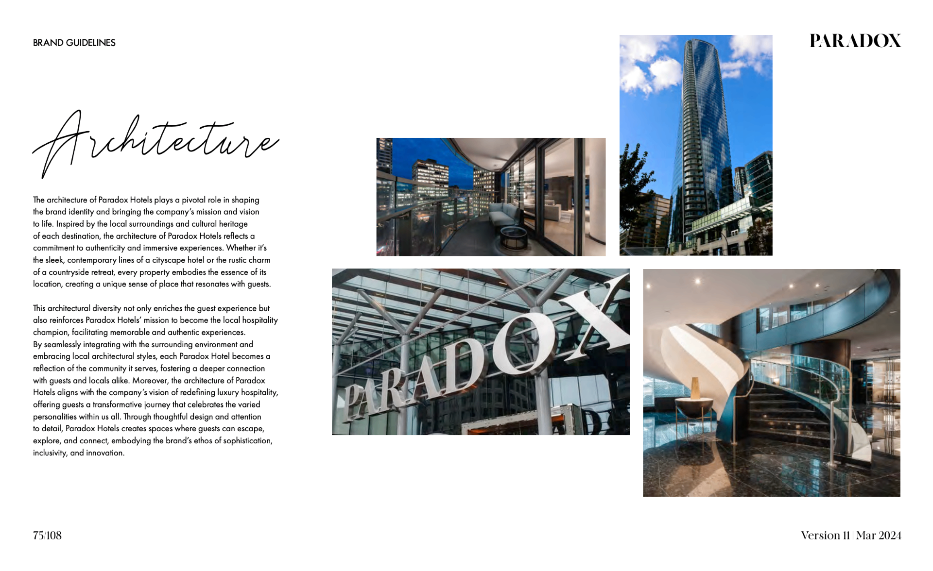 Paradox architecture guideline page showing tower, signage, balcony, and interior stair imagery.