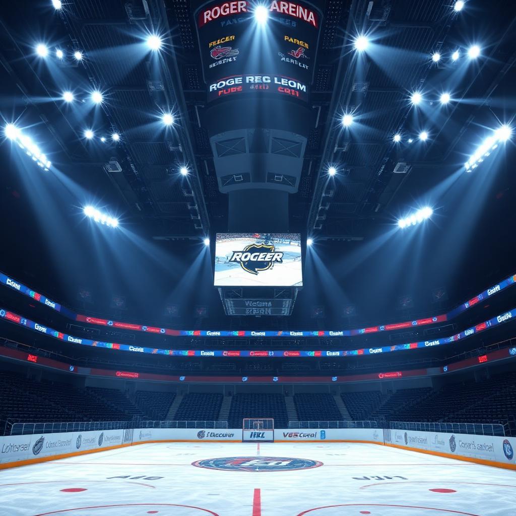 Empty NHL arena from the ice level with spotlights above center ice.