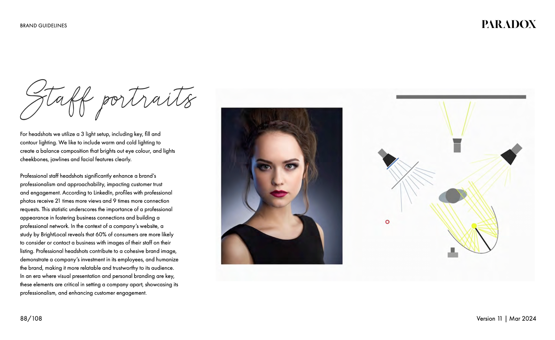 Paradox staff portrait guideline page showing headshot lighting guidance.