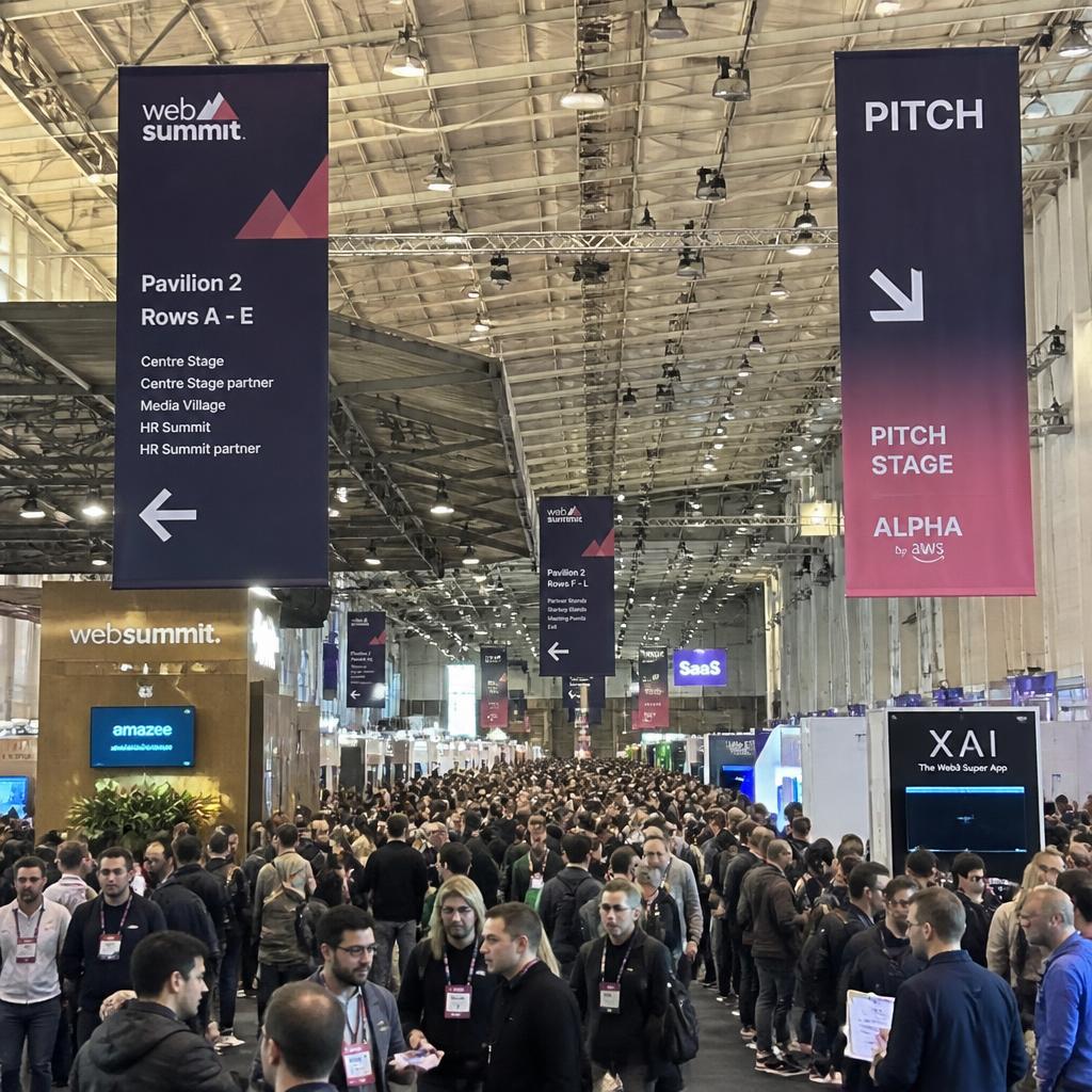 Web Summit FIL Pavilion floor packed with attendees, exhibitor booths, and hanging signage.