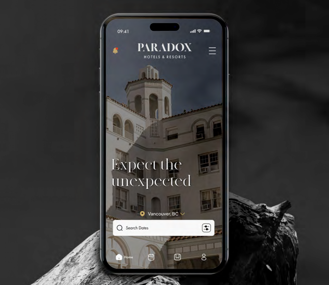 Paradox mobile app mockup on a phone showing a hotel booking home screen.