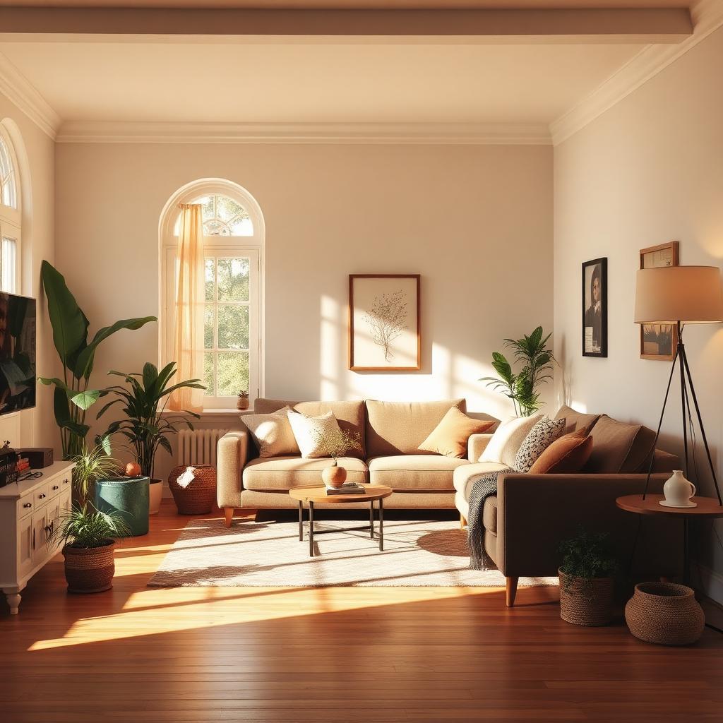 Warm inviting living room with couch, natural window light, and plants.