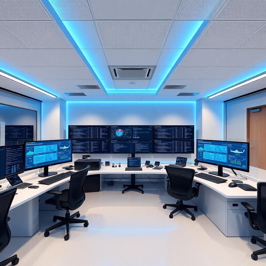 Modern IT operations center with sky-blue accent lighting and security dashboards on monitors.